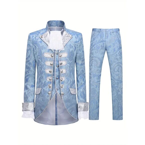 Men's Rococo Court Suit Light Blue Elegant 3PC Tailcoat Vest Pants Set 46-48 - Picture 5 of 11